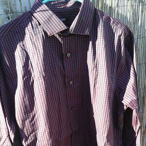 Kenneth Cole Men's Red-Plum Black Plaid Button Down - 16 1/2 - 34/35 - Slim Fit